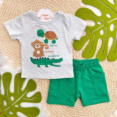 Conj. Camiseta Turtle, Monkey and Alligator e Bermuda - Mescla e Verde
